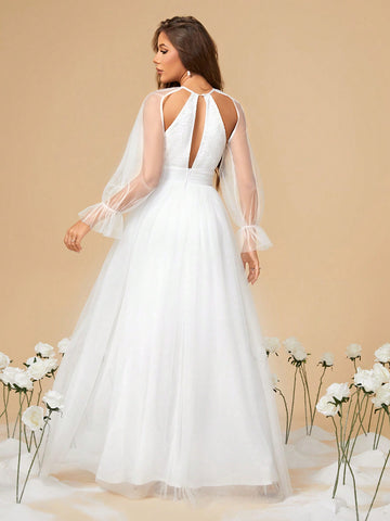 Hollowed Out Embroidered Bodice, Pleated Waist, A-line Mesh Wedding Dress