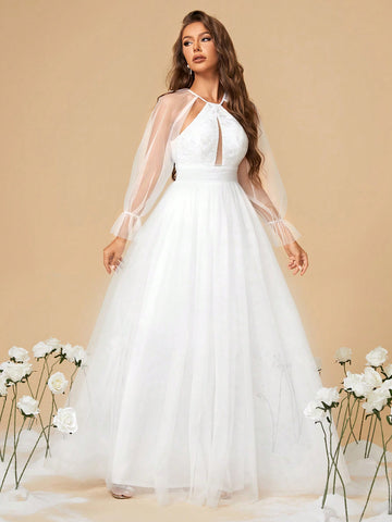 Hollowed Out Embroidered Bodice, Pleated Waist, A-line Mesh Wedding Dress