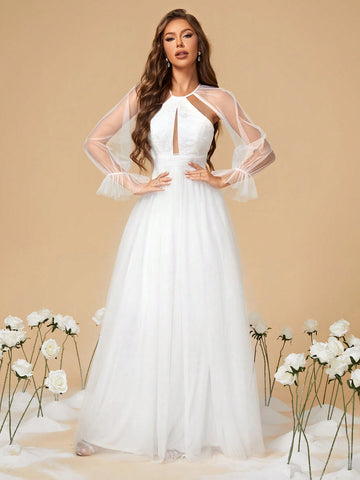 Hollowed Out Embroidered Bodice, Pleated Waist, A-line Mesh Wedding Dress