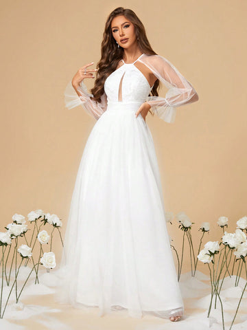 Hollowed Out Embroidered Bodice, Pleated Waist, A-line Mesh Wedding Dress
