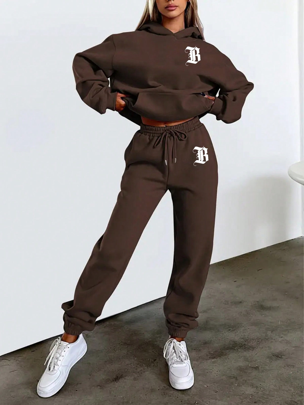 Hooded Sweater And Pants Set With Text Graphic Print