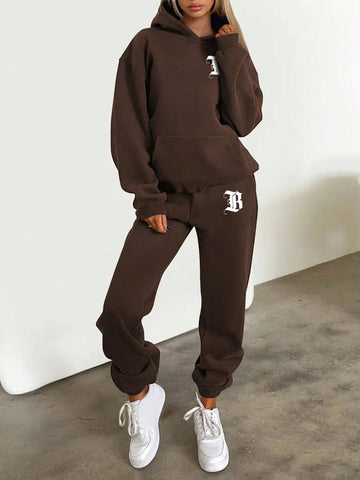 Hooded Sweater And Pants Set With Text Graphic Print