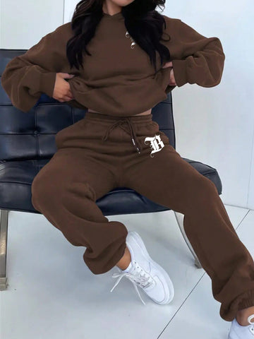 Hooded Sweater And Pants Set With Text Graphic Print