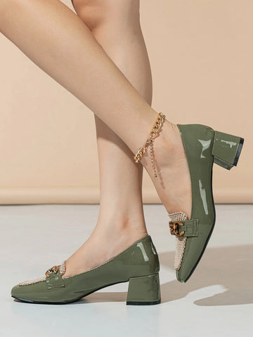 Horsebit Decor Weave Detail Square Toe Chunky Heeled Loafers