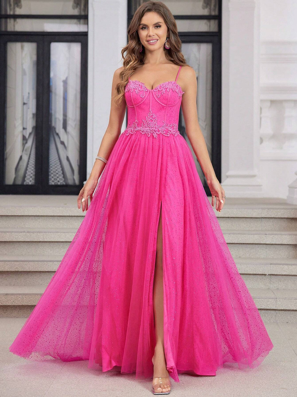 Hot Pink Sparkly Tulle Prom Dresses Long With High Slit Sweetheart Spaghetti Strap Formal Lace Evenving Gown For Teens