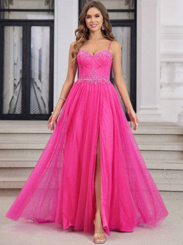 Hot Pink Sparkly Tulle Prom Dresses Long With High Slit Sweetheart Spaghetti Strap Formal Lace Evenving Gown For Teens