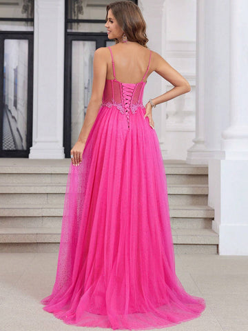Hot Pink Sparkly Tulle Prom Dresses Long With High Slit Sweetheart Spaghetti Strap Formal Lace Evenving Gown For Teens