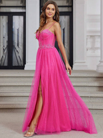 Hot Pink Sparkly Tulle Prom Dresses Long With High Slit Sweetheart Spaghetti Strap Formal Lace Evenving Gown For Teens