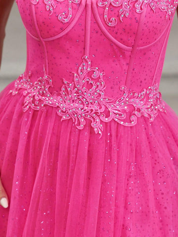 Hot Pink Sparkly Tulle Prom Dresses Long With High Slit Sweetheart Spaghetti Strap Formal Lace Evenving Gown For Teens