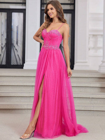 Hot Pink Sparkly Tulle Prom Dresses Long With High Slit Sweetheart Spaghetti Strap Formal Lace Evenving Gown For Teens
