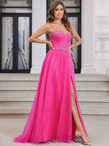 Hot Pink Sparkly Tulle Prom Dresses Long With High Slit Sweetheart Spaghetti Strap Formal Lace Evenving Gown For Teens