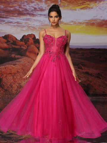 Hot Pink Tulle Slip Dress Long A Line Sparkly Bead Embroidery Prom Dress