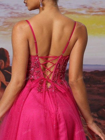 Hot Pink Tulle Slip Dress Long A Line Sparkly Bead Embroidery Prom Dress