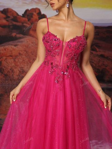 Hot Pink Tulle Slip Dress Long A Line Sparkly Bead Embroidery Prom Dress