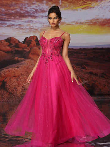 Hot Pink Tulle Slip Dress Long A Line Sparkly Bead Embroidery Prom Dress