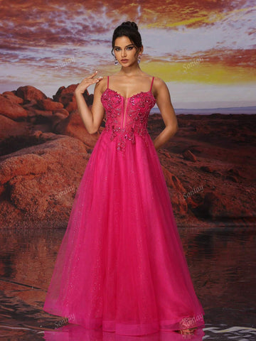 Hot Pink Tulle Slip Dress Long A Line Sparkly Bead Embroidery Prom Dress