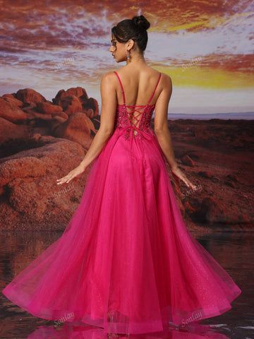 Hot Pink Tulle Slip Dress Long A Line Sparkly Bead Embroidery Prom Dress