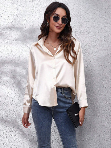 Loose Drop Shoulder Casual Satin Shirt For Women, Imitation Silk Lapel Long Sleeve Blouse