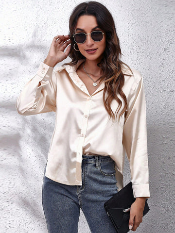 Loose Drop Shoulder Casual Satin Shirt For Women, Imitation Silk Lapel Long Sleeve Blouse