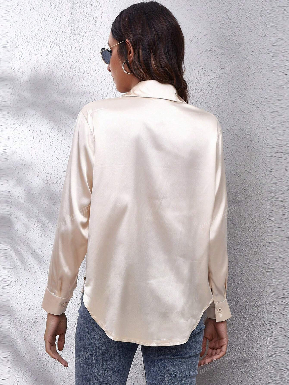 Loose Drop Shoulder Casual Satin Shirt For Women, Imitation Silk Lapel Long Sleeve Blouse