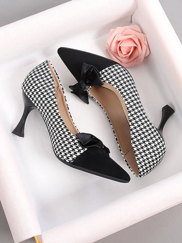 Houndstooth Pattern Bow Decor Court Pumps