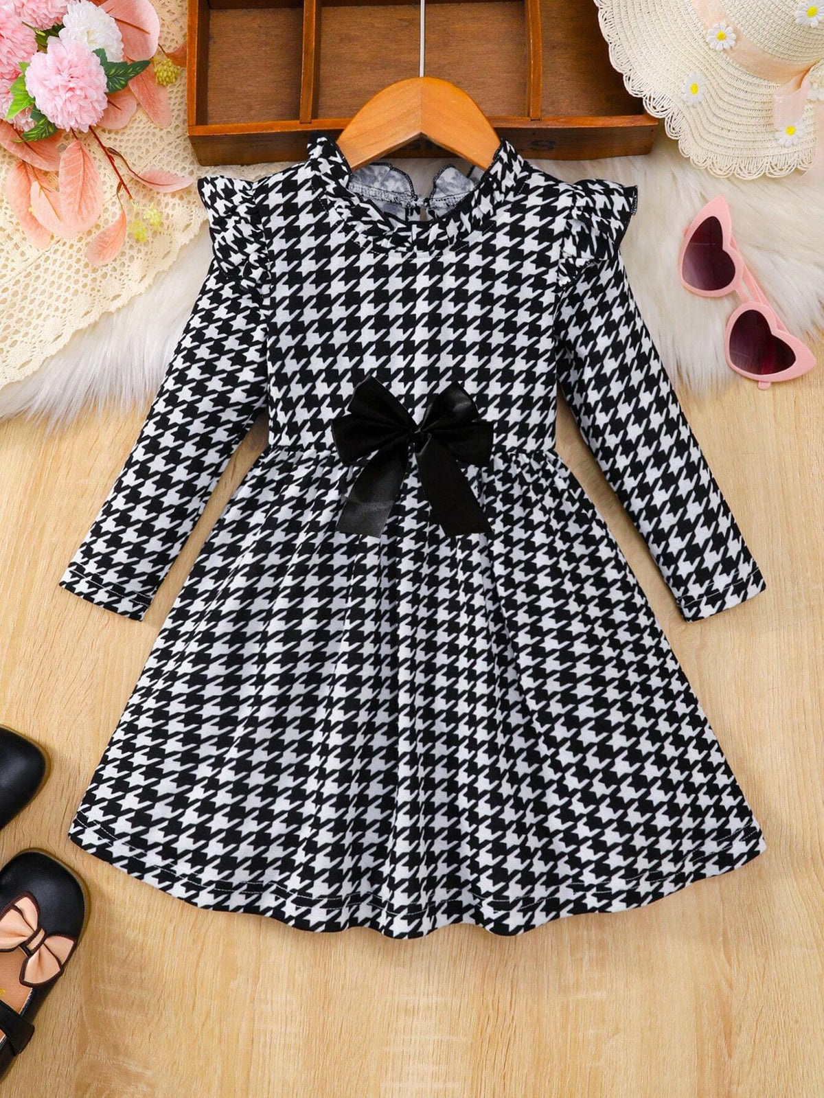 Houndstooth Pattern Bowknot Long-Sleeve Dress For Girls, Spring & Fall Everyday Sweet Casual Dresses, Party, Gift
