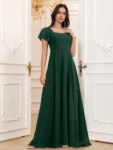Hunter Green A-Line Square Floor-Length Chiffon Elegant Vacation Cocktail Evening Party Prom Date Maxi Formal Bridesmaid Dress