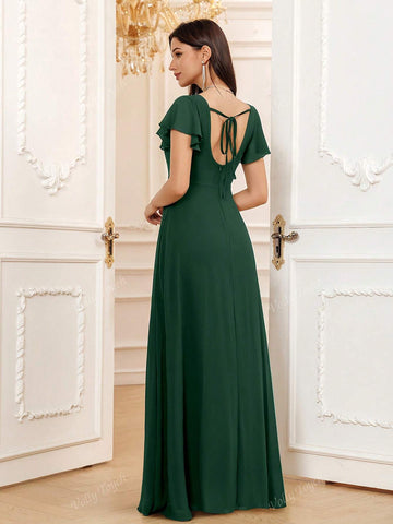 Hunter Green A-Line Square Floor-Length Chiffon Elegant Vacation Cocktail Evening Party Prom Date Maxi Formal Bridesmaid Dress