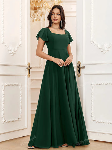 Hunter Green A-Line Square Floor-Length Chiffon Elegant Vacation Cocktail Evening Party Prom Date Maxi Formal Bridesmaid Dress