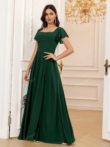Hunter Green A-Line Square Floor-Length Chiffon Elegant Vacation Cocktail Evening Party Prom Date Maxi Formal Bridesmaid Dress