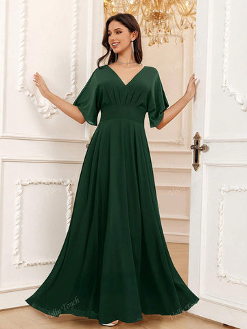Hunter Green A-Line V-Neck Floor-Length Chiffon Elegant Vacation Cocktail Evening Party Prom Date Maxi Formal Bridesmaid Dress