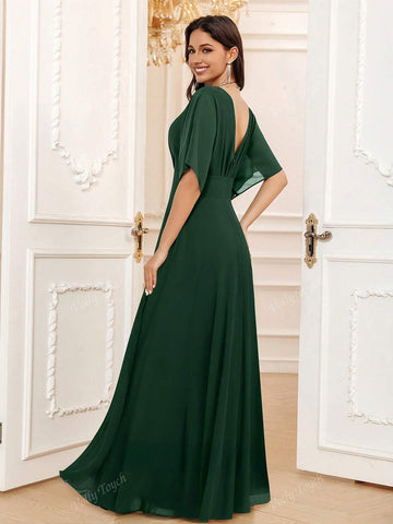 Hunter Green A-Line V-Neck Floor-Length Chiffon Elegant Vacation Cocktail Evening Party Prom Date Maxi Formal Bridesmaid Dress