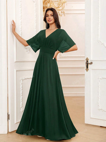 Hunter Green A-Line V-Neck Floor-Length Chiffon Elegant Vacation Cocktail Evening Party Prom Date Maxi Formal Bridesmaid Dress