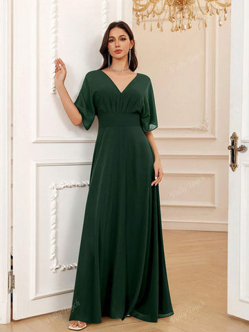 Hunter Green A-Line V-Neck Floor-Length Chiffon Elegant Vacation Cocktail Evening Party Prom Date Maxi Formal Bridesmaid Dress