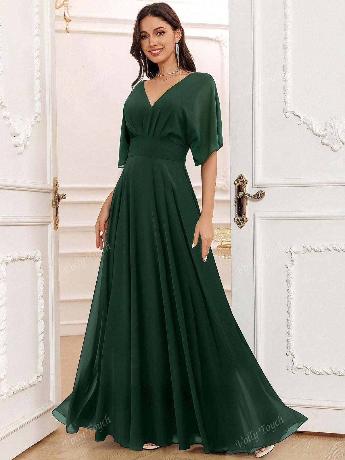 Hunter Green A-Line V-Neck Floor-Length Chiffon Elegant Vacation Cocktail Evening Party Prom Date Maxi Formal Bridesmaid Dress