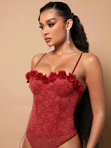 Floral Appliques Lace Cami Bodysuit