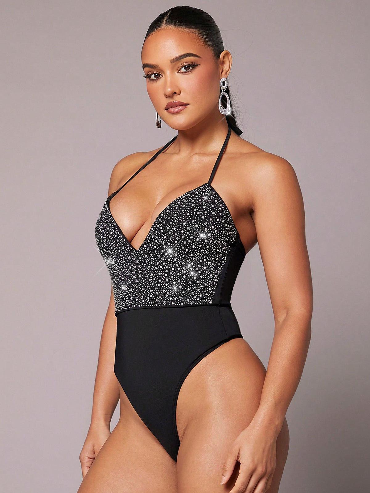 Hype Rose Women'S Rhinestone Decor Tie Halterneck Bodysuit