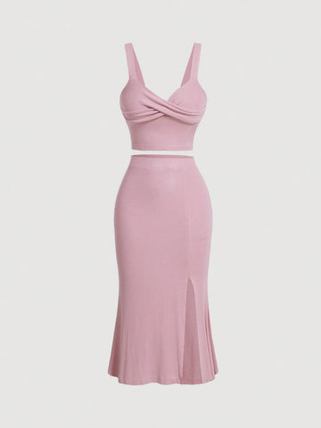 Cross Wrap Front Wide Straps Top & Split Thigh Skirt