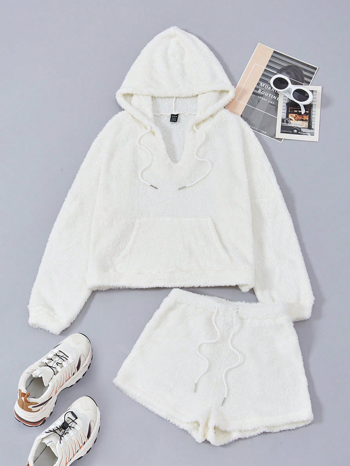 Kangaroo Pocket Drop Shoulder Drawstring Teddy Hoodie & Shorts