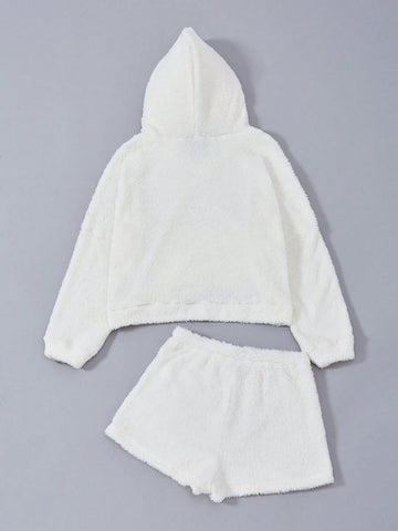 Kangaroo Pocket Drop Shoulder Drawstring Teddy Hoodie & Shorts