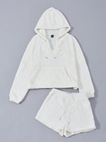 Kangaroo Pocket Drop Shoulder Drawstring Teddy Hoodie & Shorts
