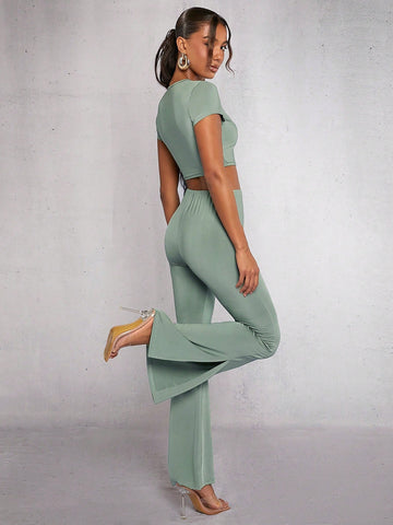 Solid Crop Tee & Flare Leg Pants