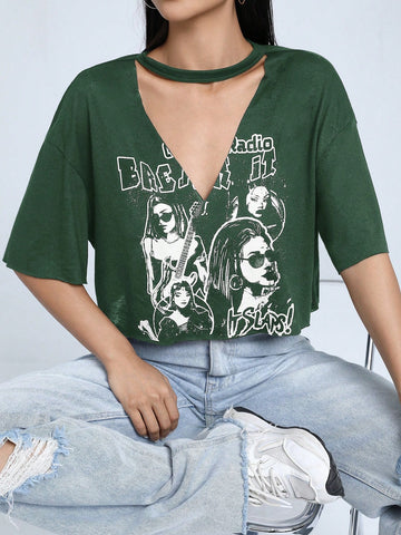 EZwear Figure & Letter Graphic Choker Neck Drop Shoulder Tee