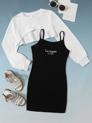 Girls Super Crop Top & Letter Graphic Cami Dress Set