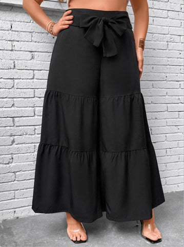 VCAY Ruffle Hem Belted Wide Leg Pants