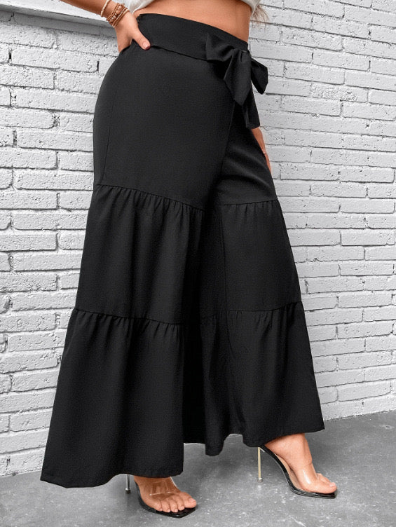 VCAY Ruffle Hem Belted Wide Leg Pants