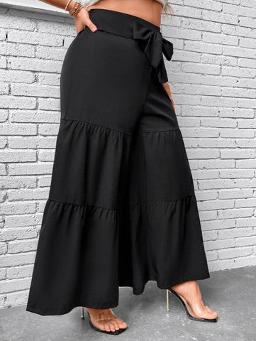 VCAY Ruffle Hem Belted Wide Leg Pants