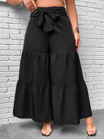 VCAY Ruffle Hem Belted Wide Leg Pants