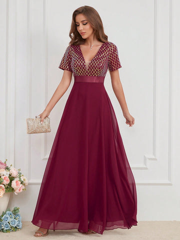 LUNE Contrast Sequin Mesh Panel Chiffon Party Dress