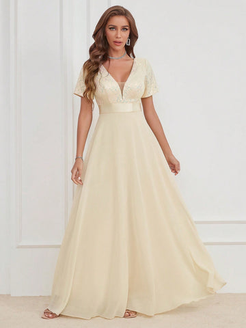 LUNE Contrast Sequin Mesh Panel Chiffon Party Dress
